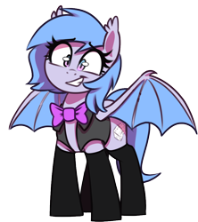 Size: 800x900 | Tagged: safe, artist:thebatfang, oc, oc only, oc:lucky roll, bat pony, pony, bat pony oc, bat wings, bowtie, clothes, female, looking at you, mare, simple background, smiling, socks, solo, transparent background, wings