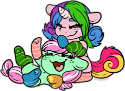 Size: 1805x1322 | Tagged: safe, artist:sexygoatgod, minty (g4), oc, oc:rainy shine, earth pony, pony, unicorn, g4, canon x oc, chibi, clothes, duo, female, lesbian, mismatched socks, shipping, socks