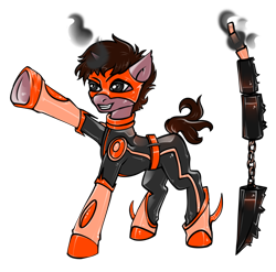 Size: 680x673 | Tagged: safe, artist:leastways, oc, oc:divine retribution, oc:midnight hour, pony, unicorn, clothes, concave belly, costume, hero, power ponies oc, power pony, raised hoof, solo, sword, weapon