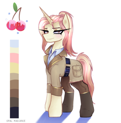 Size: 2800x2840 | Tagged: safe, artist:opal_radiance, oc, oc only, unnamed oc, pony, unicorn, adoptable, clothes, eyebrows, female, high res, horn, lidded eyes, looking at you, mare, shadow, signature, simple background, smiling, smiling at you, solo, unicorn oc, white background