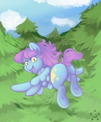 Size: 1058x1280 | Tagged: safe, artist:some.dumb.crumb, oc, oc only, oc:star shine, pegasus, pony, blue sky, butt, female, forest background, looking at you, looking back, looking back at you, mare, plot, running, solo