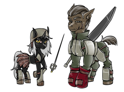 Size: 885x662 | Tagged: safe, artist:leastways, oc, oc only, oc:big brute, oc:thousand cuts, earth pony, pony, unicorn, fallout equestria, armor, boots, boxing boots, female, male, mare, raiders, shoes, stallion, sword, weapon