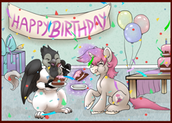 Size: 1000x712 | Tagged: safe, artist:some.dumb.crumb, oc, oc only, oc:dante, oc:intrepid, griffon, pony, unicorn, balloon, birthday, cake, eating, food, male, present, stallion, tongue out