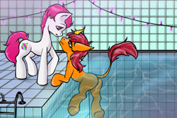 Size: 885x590 | Tagged: safe, artist:leastways, oc, oc only, oc:fire lily, oc:fluid moves, earth pony, kirin, pony, concave belly, duo, female, male, mare, raised hoof, shipping, stallion, swimming, swimming pool, water