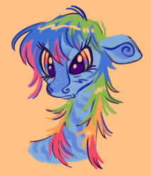 Size: 1044x1219 | Tagged: safe, artist:peaceandlove26, rainbow dash, pegasus, pony, g4, alternate hairstyle, freckles, frown, orange background, rainbow eyes, simple background, solo, stripes