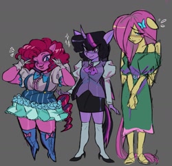 Size: 1403x1359 | Tagged: safe, artist:darkzombiez, fluttershy, pinkie pie, twilight sparkle, earth pony, pegasus, unicorn, anthro, g4, clothes, dress, one eye closed, peace sign, skirt, smiling, socks, thigh highs, trio, wink