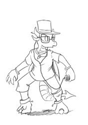 Size: 707x1000 | Tagged: safe, artist:darkhestur, derpibooru exclusive, oc, oc:myoozik the dragon, dracony, dragon, hybrid, anthro sketch, cellphone, clothes, glasses, hat, monochrome, phone, top hat