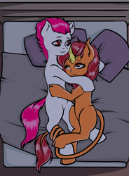 Size: 1590x2157 | Tagged: safe, artist:leastways, oc, oc only, oc:fire lily, oc:fluid moves, earth pony, kirin, pony, bed, bedroom, female, hug, male, mare, shipping, stallion