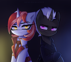 Size: 2800x2426 | Tagged: safe, artist:opal_radiance, oc, oc only, unnamed oc, pony, unicorn, clothes, commission, duo, duo male and female, eyebrows, eyebrows visible through hair, female, frown, gradient background, high res, horn, looking at you, male, mare, necktie, signature, smiling, smiling at you, smirk, stallion, unicorn oc, uniform