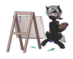 Size: 2220x1795 | Tagged: safe, artist:leastways, oc, oc only, oc:pustka, pony, unicorn, artist, blindfold, easel, mess, messy, paint, paintbrush, painting, simple background, solo, transparent background