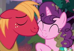 Size: 713x493 | Tagged: safe, screencap, big macintosh, sugar belle, earth pony, pony, unicorn, g4, season 8, the break up breakdown, cropped, cute, daaaaaaaaaaaw, eyes closed, female, hnnng, macabetes, male, mare, mud, muddy, nuzzling, ship:sugarmac, shipping, smiling, stallion, straight, sugarbetes