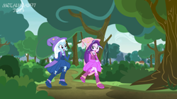 Size: 8000x4500 | Tagged: safe, artist:metalhead97, starlight glimmer, trixie, human, equestria girls, g4, my little pony equestria girls: better together, boots, cape, clothes, clothes swap, commission, cute, diatrixes, dress, duo, duo female, equestria girls interpretation, fall formal outfits, female, forest, fun, glimmerbetes, happy, hat, high heel boots, jump rope, jumping, lesbian, looking at each other, looking at someone, magician, matching outfits, open mouth, rope, rope jumping, scene interpretation, sequence, sequential art, ship:startrix, shipping, shoes, show accurate, skipping rope, smiling, smiling at each other, trixie's cape, trixie's hat
