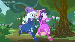 Size: 8000x4500 | Tagged: safe, artist:metalhead97, starlight glimmer, trixie, human, equestria girls, equestria girls series, g4, boots, cape, clothes, clothes swap, commission, cute, diatrixes, dress, duo, duo female, equestria girls interpretation, fall formal outfits, female, forest, fun, glimmerbetes, happy, hat, high heel boots, jump rope, jumping, looking at each other, looking at someone, magician, matching outfits, rope, rope jumping, scene interpretation, sequence, sequential art, shoes, show accurate, skipping rope, smiling, smiling at each other, trixie's cape, trixie's hat