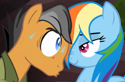 Size: 875x577 | Tagged: safe, screencap, quibble pants, rainbow dash, earth pony, pegasus, pony, g4, season 6, stranger than fan fiction, close-up, cropped, cute, dashabetes, eye contact, faic, female, lidded eyes, looking at each other, looking at someone, male, mare, out of context, quibblebetes, smug, smugdash, stallion, sweat, wet, wet mane