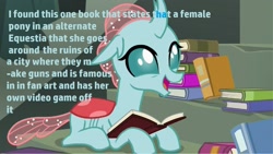 Size: 1707x961 | Tagged: safe, edit, edited screencap, screencap, ocellus, twilight sparkle, oc, oc:littlepip, changedling, changeling, fallout equestria, g4, school daze, book, bookbug, castle of the royal pony sisters, fallout, implied alternate universe, implied fallout equestia, implied oc:littlepip, pony reference, solo, text, text edit, that changeling sure does love books