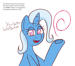 Size: 866x766 | Tagged: safe, artist:xppp1n, trixie, pony, unicorn, g4, debian, female, linux, looking at you, mare, simple background, solo, text, white background