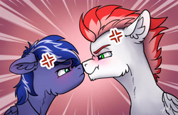 Size: 4000x2590 | Tagged: safe, artist:helmie-art, oc, oc:lightning flare, oc:swift apex, pegasus, pony, angry, cross-popping veins, duo, duo male, emanata, male, nose wrinkle, not zipp storm, scrunchy face, staring contest