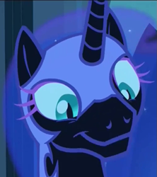 Size: 545x615 | Tagged: safe, screencap, nightmare moon, alicorn, pony, g4, season 5, the cutie re-mark, :t, alternate timeline, bust, close-up, cropped, cute, female, mare, moonabetes, moonie snacks, nightmare takeover timeline, smiling, solo