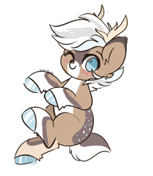 Size: 2936x3376 | Tagged: safe, artist:kittyrosie, oc, oc only, oc:dexter, deer, deer pony, original species, antlers, blushing, deer oc, high res, jumping, looking at you, non-pony oc, one eye closed, simple background, solo, white background, wink, winking at you