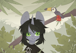 Size: 4000x2784 | Tagged: safe, artist:tostik, bird, pony, toco toucan, toucan, unicorn, clothes, commission, day, disguise, disguised siren, fangs, frown, horn, jewelry, jungle, kellin quinn, male, necklace, outdoors, plant, ponified, shirt, sleeping with sirens, slit pupils, solo, stallion, t-shirt, tree, ych result
