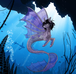 Size: 1920x1860 | Tagged: safe, artist:tri-edge, fish, siren, bubble, cloven hooves, commission, curved horn, digital art, fangs, fins, fish tail, flowing mane, flowing tail, horn, kellin quinn, male, ocean, outdoors, plant, ponified, scales, seaweed, sleeping with sirens, slit pupils, solo, sunlight, swimming, tail, teeth, underwater, water