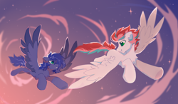 Size: 3400x1987 | Tagged: safe, artist:mirtash, oc, oc only, oc:lightning flare, oc:swift apex, pegasus, pony, cloud, competition, duo, duo male, flying, high res, looking at each other, looking at someone, looking back, male, not zipp storm, race, sky, spread wings, stallion, wings