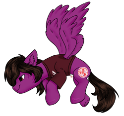 Size: 1624x1528 | Tagged: safe, artist:smelon, pegasus, pony, clothes, commission, ear fluff, ears back, flying, lidded eyes, male, pierce the veil, ponified, shirt, simple background, smiling, smirk, solo, spread wings, stallion, t-shirt, underhoof, vic fuentes, white background, wings, ych result