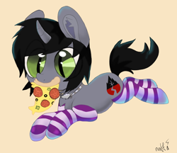 Size: 1390x1200 | Tagged: safe, artist:n0tahuman, pony, unicorn, clothes, commission, curved horn, disguise, disguised siren, ear fluff, food, horn, jewelry, kellin quinn, lying down, male, mouth hold, necklace, pizza, ponified, prone, simple background, sleeping with sirens, slit pupils, socks, solo, stallion, striped socks, ych result, yellow background