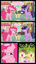 Size: 1280x2300 | Tagged: safe, artist:bigsnusnu, pinkie pie, pound cake, pumpkin cake, twilight sparkle, earth pony, pegasus, pony, unicorn, comic:dusk shine in pursuit of happiness, g4, balloon, blocking, cake twins, cupcake, diaper, disgusted, dusk shine, female, food, heart shaped, male, mare, messy diaper, non-baby in diaper, rule 63, siblings, skull and crossbones, smelly, stallion, twins, vase, worried