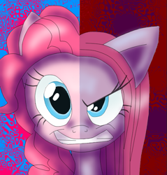 Size: 527x551 | Tagged: safe, artist:tami-kitten, pinkie pie, earth pony, pony, g4, female, mare, pinkamena diane pie, psychedelic background, solo, two sides