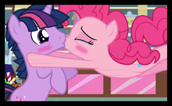 Size: 1280x790 | Tagged: safe, artist:bigsnusnu, pinkie pie, twilight sparkle, earth pony, pony, unicorn, comic:dusk shine in pursuit of happiness, g4, blushing, candy, chest, counter, crying, dusk shine, female, food, grabbing, gumball, half r63 shipping, jar, jumping, kissing, male, rule 63, ship:duskpie, ship:twinkie, shipping, straight, tears of joy