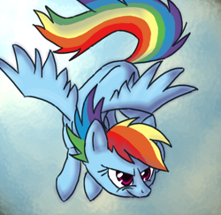 Size: 550x534 | Tagged: safe, artist:tami-kitten, rainbow dash, pegasus, pony, g4, female, flying, grin, mare, simple background, smiling, solo