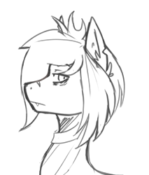 Size: 1173x1377 | Tagged: safe, artist:aakariu, earth pony, pony, undead, zombie, zombie pony, bring me the horizon, bust, clothes, commission, fangs, frown, lidded eyes, looking at you, male, oliver sykes, ponified, scar, shirt, simple background, sketch, solo, stallion, torn ear, transparent background