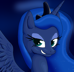 Size: 512x500 | Tagged: safe, artist:tami-kitten, princess luna, alicorn, pony, g4, female, grin, mare, simple background, smiling, smirk, smug, solo, spread wings, wings