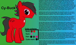 Size: 8192x4838 | Tagged: safe, artist:cardshark777, oc, oc only, oc:cy-buck, earth pony, pony, backstory, colored, dog tags, looking at you, lore, male, one eye covered, red coat, reference sheet, smiling, stallion, stallion oc, standing, tail, text, two toned mane, two toned tail