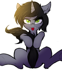 Size: 3500x4000 | Tagged: safe, artist:tatykin, oc, oc only, pony, unicorn, :p, commission, covering, disguise, disguised siren, ear fluff, ears back, fangs, horn, kellin quinn, lidded eyes, looking at you, male, ponified, simple background, sleeping with sirens, slit pupils, solo, stallion, tongue out, white background, ych result