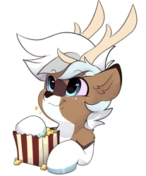 Size: 3641x4397 | Tagged: safe, artist:rileyisherehide, oc, oc only, oc:dexter, deer, antlers, deer oc, eating, food, herbivore, male, non-pony oc, popcorn, reaction image, simple background, solo, transparent background