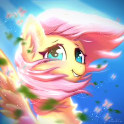Size: 2000x2000 | Tagged: safe, artist:harukiicat, fluttershy, butterfly, pegasus, pony, g4, cute, female, high res, leaves, mare, shyabetes, smiling, solo, spread wings, wind, windswept mane, wings