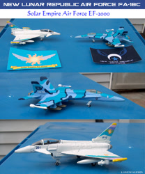 Size: 1024x1232 | Tagged: safe, artist:lonewolf3878, aircraft, customized toy, eurofighter typhoon, f/a-18 hornet, flag, irl, jet, jet fighter, new lunar republic, photo, plane, solar empire, toy, warplane
