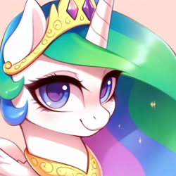 Size: 2048x2048 | Tagged: safe, ai assisted, ai content, generator:purplesmart.ai, generator:stable diffusion, prompter:be_yourself, princess celestia, alicorn, pony, g4, bust, crown, cute, female, high res, horn, jewelry, looking at you, pink background, portrait, regalia, simple background, smiling, smiling at you, solo, sparkling, wings