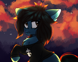 Size: 3484x2780 | Tagged: safe, artist:mint-light, earth pony, pony, undead, zombie, zombie pony, bring me the horizon, chest fluff, clothes, commission, fangs, frown, high res, long sleeves, male, oliver sykes, outdoors, ponified, raised hoof, shirt, sitting, sky, solo, stallion, stitches
