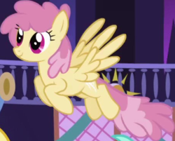 Size: 456x367 | Tagged: safe, screencap, dizzy twister, orange swirl, pegasus, pony, friendship is magic, g4, background character, background pony, cropped, female, flying, mare, solo focus, spread wings, wings