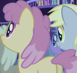 Size: 620x595 | Tagged: safe, screencap, amethyst star, derpy hooves, dizzy twister, mjölna, orange swirl, sparkler, pegasus, pony, friendship is magic, g4, animation error, background character, background pony, butt, cropped, female, mare, plot, solo focus, wingless
