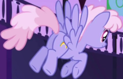 Size: 432x278 | Tagged: safe, screencap, rainbowshine, pegasus, pony, friendship is magic, g4, background character, background pony, butt, cropped, featureless crotch, female, flying, mare, plot, solo, spread wings, wings