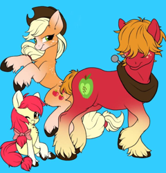 Size: 1440x1503 | Tagged: safe, artist:dessi080, apple bloom, applejack, big macintosh, earth pony, pony, g4, apple siblings, apple sisters, brother and sister, female, filly, foal, light blue background, male, mare, nudity, sheath, siblings, simple background, sisters, stallion