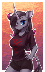 Size: 748x1200 | Tagged: safe, artist:thescornfulreptilian, oleander (tfh), classical unicorn, unicorn, anthro, them's fightin' herds, clothes, cloven hooves, community related, heartless, horn, kingdom hearts, leonine tail, shirt, shorts, solo, t-shirt, unshorn fetlocks