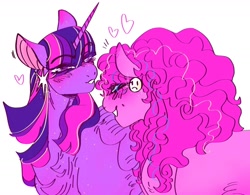 Size: 2048x1595 | Tagged: safe, artist:rare-apples, pinkie pie, twilight sparkle, alicorn, earth pony, pony, g4, 2d, chest fluff, colored, digital art, duo, ear piercing, earring, female, happy, horn, hug, jewelry, lesbian, looking at each other, looking at someone, love, mare, piercing, ship:twinkie, shipping, simple background, smiling, smiling at each other, standing, twilight sparkle (alicorn), white background, wings