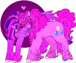 Size: 1703x1422 | Tagged: safe, artist:rare-apples, pinkie pie, twilight sparkle, alicorn, earth pony, pony, g4, 2d, digital art, duo, ear piercing, earring, female, fluffy, jewelry, lesbian, long hair, long mane, mare, piercing, ship:twinkie, shipping, simple background, smiling, twilight sparkle (alicorn), white background