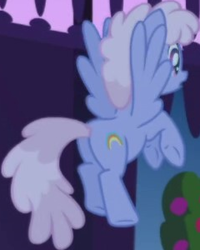 Size: 240x300 | Tagged: safe, screencap, rainbowshine, pegasus, pony, friendship is magic, g4, background character, background pony, cropped, female, flying, mare, solo, spread wings, wings