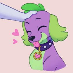 Size: 1280x1280 | Tagged: safe, artist:flightless-fox, spike, dog, equestria girls, g4, collar, cute, eyes closed, hand, head pat, male, pat, simple background, smiling, spikabetes, spike the dog, tongue out